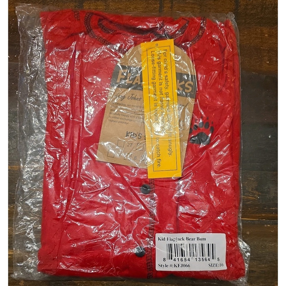 Lazy One Bear Bum Flapjack Pajamas Kids 10 Union Suit Red Cotton Long Johns